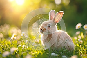 Cute Easter bunny with Easter eggs in green grass. Little rabbit sitting near to color eggs in meadow