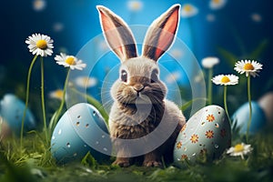 Cute Easter Bunny and Easter Eggs with green grasses and flower. Generative Ai