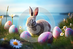 Cute Easter Bunny and Easter Eggs with green grasses and flower. Generative Ai