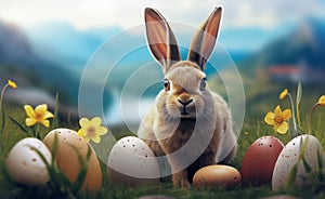 Cute Easter Bunny and Easter Eggs with green grasses and flower. Generative Ai