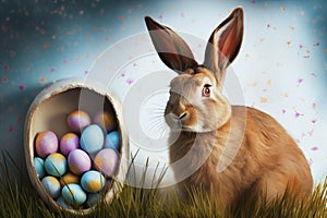 Cute Easter Bunny and Easter Eggs with green grasses and flower. Generative Ai