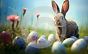 Cute Easter Bunny and Easter Eggs with green grasses and flower. Generative Ai