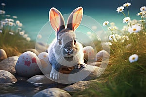 Cute Easter Bunny and Easter Eggs with green grasses and flower. Generative Ai