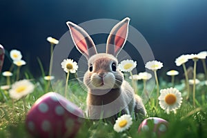 Cute Easter Bunny and Easter Eggs with green grasses and flower. Generative Ai