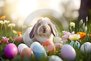 Cute easter bunny and easter eggs in the meadow. Generative AI