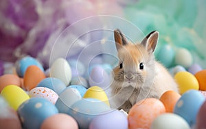 Cute easter bunny and easter eggs in pastel color. Generative AI