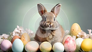 Cute easter bunny and easter eggs in pastel color. Generative AI