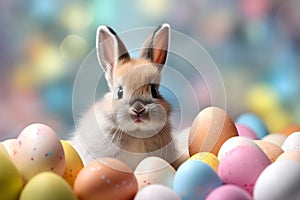 Cute easter bunny and easter eggs in pastel color. Generative AI