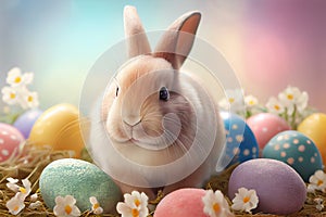 Cute easter bunny with easter eggs, pastel colorful background, Ai generative photo