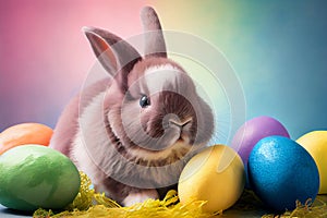 Cute easter bunny with easter eggs, pastel colorful background, Ai generative photo