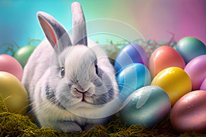 Cute easter bunny with easter eggs, pastel colorful background, Ai generative photo