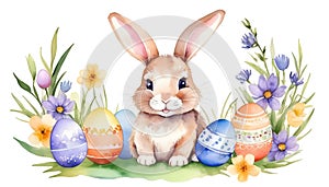 Cute easter bunny, with easter eggs and spring flowers, in watercolor style