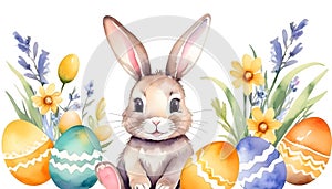 Cute easter bunny, with easter eggs and spring flowers, in watercolor style