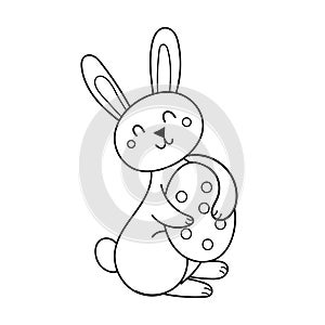 Cute Easter bunny with egg coloring page. Spring black and white print for coloring book