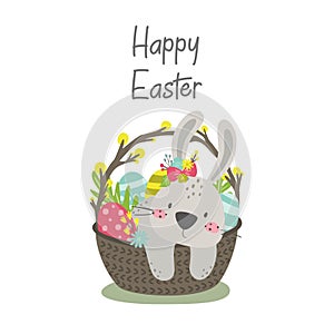 Cute Easter Bunny with eggs isolated on a white background. Happy Easter greeting card.