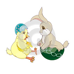 Cute Easter bunny in eggshell and spring chick on white isolated background, vector rabbit and chick, isolated hare and chick in