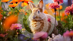 Cute Easter bunny in a field with flowers in nature, in the sun& x27;s rays.