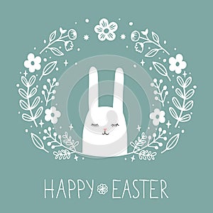 Cute Easter bunny in floral wreath with hand written Happy Easter text decorated with flowers. Holiday card banner