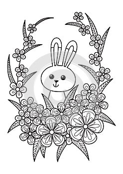 Cute easter bunny in flowers doodle coloring book page. Hand Drawn black and white sketch. Antistress coloring book page for