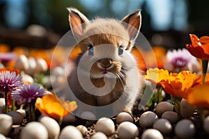 Cute easter bunny with fresh spring flowers on flower bed in the garden