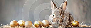 Cute Easter Bunny with Golden Eggs for Holiday Greeting Card