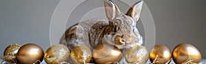 Cute Easter Bunny with Golden Eggs for Holiday Greeting Card