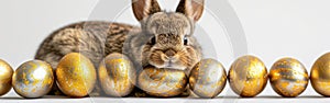 Cute Easter Bunny with Golden Eggs on White Background - Holiday Greeting Card Concept