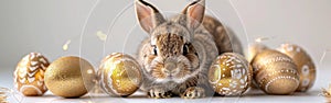 Cute Easter Bunny with Golden Eggs on White Background - Holiday Greeting Card Concept