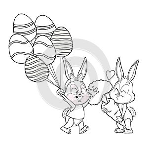 Cute easter bunny happy friends egg ballons black and white