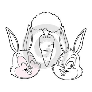 Cute easter bunny happy friends portrait with carrot black and white