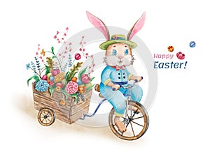 Cute Easter bunny in the hat on the cart with flowers and eggs. Watercolor illustration