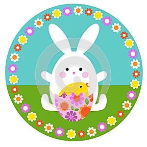 Cute Easter bunny and hatching egg on circle with floral frame