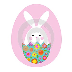 Cute Easter bunny in hatching floral egg