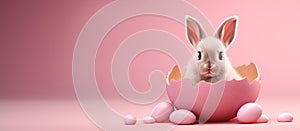 Cute easter bunny hatching from pink easter egg, isolated on pastel pink background