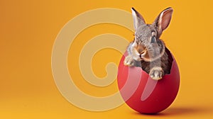 Cute Easter bunny hatching from red Easter egg isolated on orange background with copy space, greetings card design.