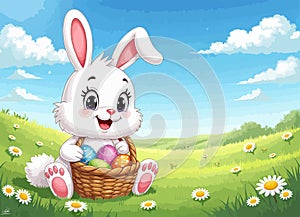 Cute Easter bunny holding a basket of colorful eggs in a spring meadow