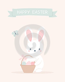 Cute Easter bunny holding a basket of Easter eggs. Easter greeting card. Vector illustration