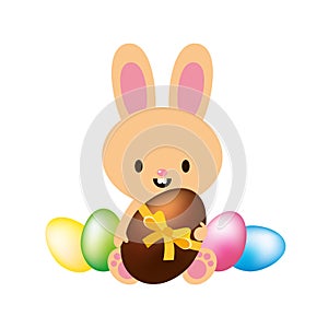Cute easter bunny holding chocolate egg vector illustration
