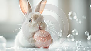 Cute Easter bunny holding a pink speckled Easter egg while surrounded by bubbles and water drops in spa salon. Easter