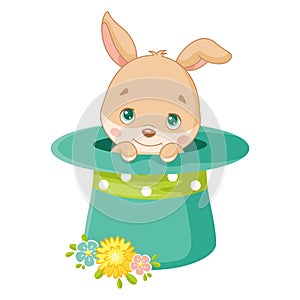 Cute Easter Bunny in Magic Hat. Cartoon vector illustration