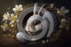 Cute Easter Bunny in a Nest with Colorful Decorated Egg and Flowers, Generative AI