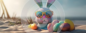 Cute easter bunny with orange sunglasses on the beach with painted easter eggs