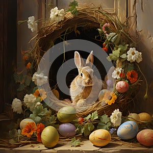 Cute Easter bunny with painted Easter eggs.