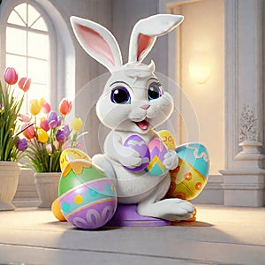 Cute Easter Bunny with painted eggs and tulips greeting card