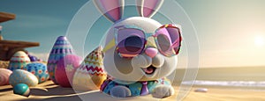 Cute easter bunny with pink sunglasses on the beach with painted easter eggs