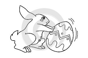 A cute Easter bunny is pushing a beautiful egg. Black and white hand drawn doodle vector illustration. Perfect for antistress book