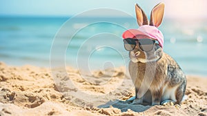 Cute easter bunny rabbit at the beach with copy space