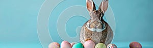 Cute Easter Bunny Rabbit Sitting in Gift Box with Pastel Eggs - Fun Holiday Greeting Card Concept
