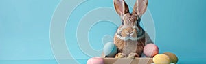 Cute Easter Bunny Rabbit Sitting in Gift Box with Pastel Eggs - Fun Holiday Greeting Card Concept