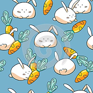 Cute easter bunny seamless pattern. Doodle easter rabbit with carrot on blue background. Backdrop for wrapping paper